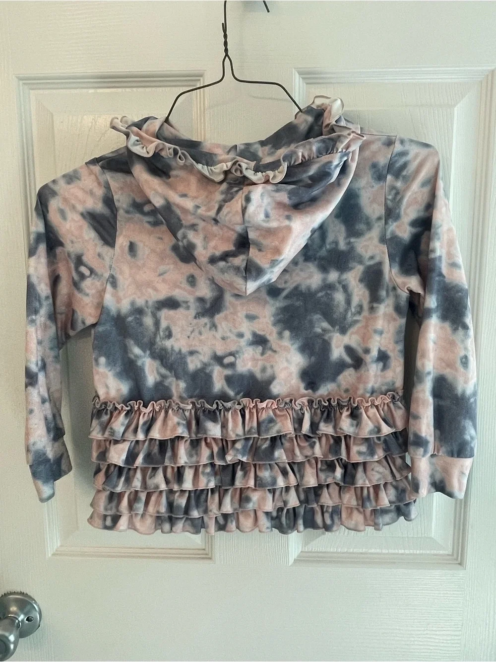Girls' Pink & Gray Tie-Dye Ruffle Hooded Cardigan
